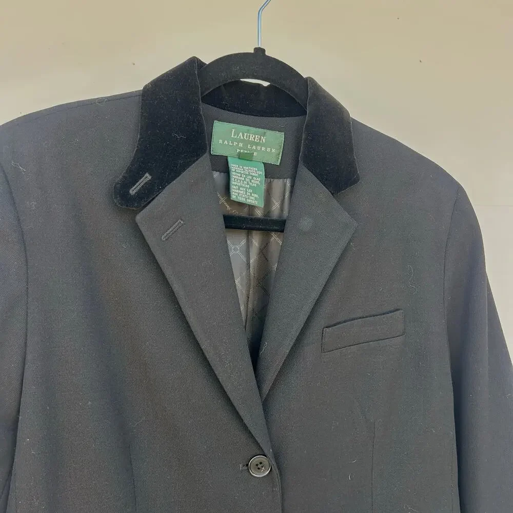 Vintage Ralph Lauren Wool Long Blazer Coat Black Jacket 8 Petite Velvet - Picture 6 of 9